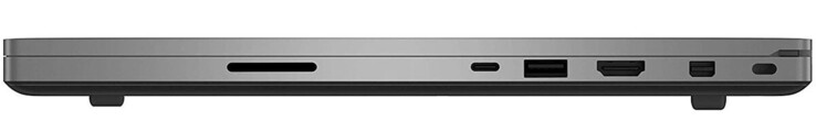 A destra: lettore schede (SD), Thunderbolt 3, USB 3.2 Gen 1 (Type-A), HDMI, MiniDisplayPort, porta cable lock