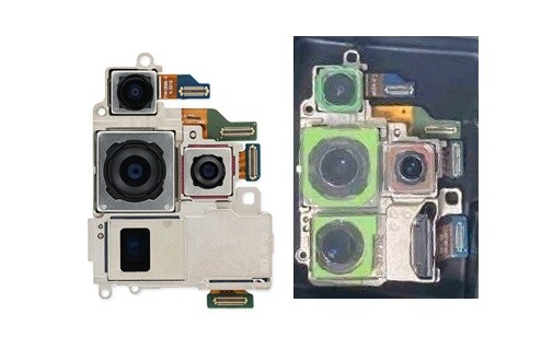 Il modulo fotocamera di Samsung Galaxy S23 Ultra (a sinistra) a confronto con l'immagine trapelata della quad-cam Galaxy S24 Ultra.