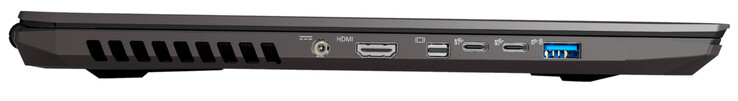 Lato Sinistro: alimentazione, HDMI 2.0, Mini DisplayPort 1.4 (supporta G-Sync), 2x USB 3.2 Gen 2 (Type C), USB 3.2 Gen 1 (Type A)