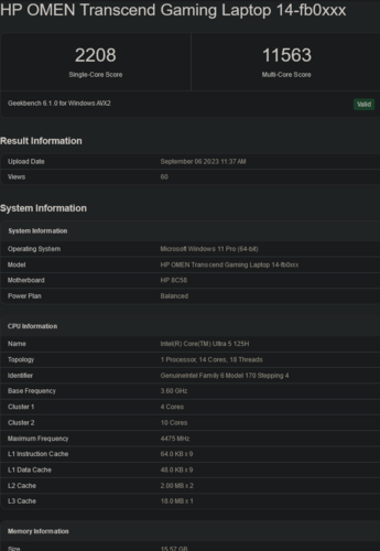 Ultra 5 125H (fonte immagine: Geekbench)