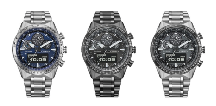 Da sinistra a destra, il Citizen Promaster Sky JV2000-51L, JV2005-58E e JV2006-55H. (Fonte: Citizen)