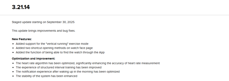 Le note di rilascio della versione software 3.21.14 per il Suunto Run. (Fonte: Suunto)