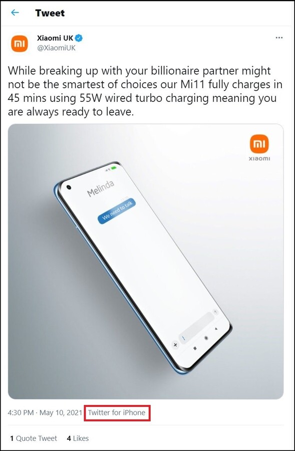 Xiaomi Mi 11 in carica, tweet inviato da un iPhone. (Fonte immagine: @XiaomiUK via @MaxWinebach)