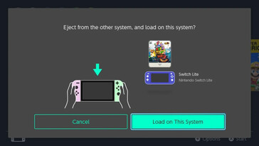 Schermata di Nintendo Switch che chiede "Espellere dall'altra console e caricare su questa console?" con la scheda di gioco virtuale Super Mario 3D World + Bowser's Fury visualizzata accanto a un'icona di Switch Lite e a un'icona di Switch OLED.