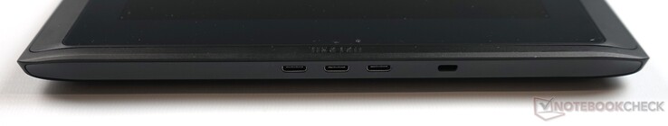 Lato superioer: 3 x USB Type-C (La seconda è la porta per utilizzare Wacom come monitor o come tavoletta grafica dedicata), Kensington lock.