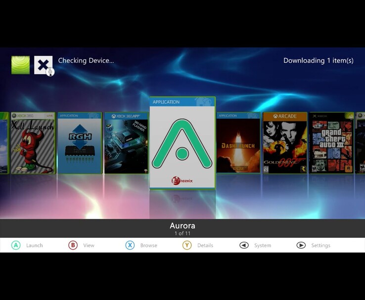 Menu Xbox 360 homebrew che mostra l'icona Aurora dashboard selezionata, con altre applicazioni e giochi come XeLL Launch, RGH, Dash Launch, GoldenEye 007 e Grand Theft Auto III visibili sullo sfondo. (Fonte immagine: MrMario2011 su YouTube)