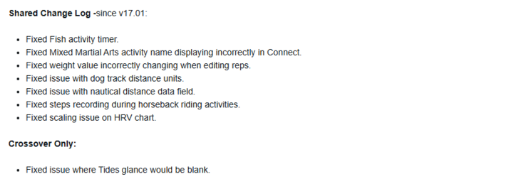 Le note di rilascio della versione beta 17.03 di Garmin per lo smartwatch Instinct 2. (Fonte: Garmin)