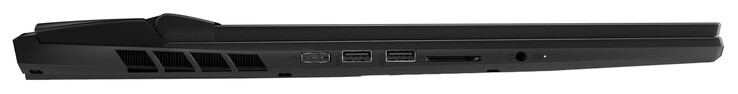 A sinistra: porta di ricarica, 2x USB 3.2 Gen 2 (USB-A), lettore di schede SD, jack combinato microfono/cuffia