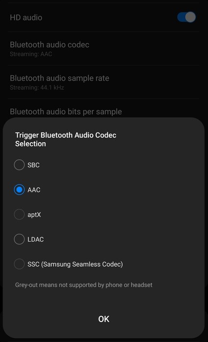 Anche la gamma di codec audio Bluetooth disponibili sembra deludente sul Galaxy S23 Ultra.