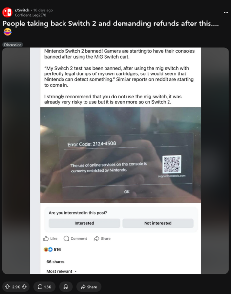 Switch 2 Ban di Nintendo Switch Online per l'uso di cartucce flash Mig (Fonte: Switch subreddit)