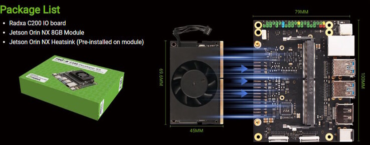 Il modello C200 è fondamentalmente una scheda carrier con un modulo Jetson Orin NX 8GB raffreddato attivamente (fonte: Radxa)