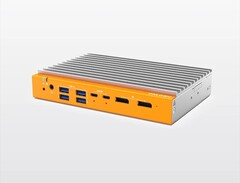 Il mini PC fanless OnLogic Helix 320 può essere configurato con una CPU Intel fino a 8 core e presenta una struttura in alluminio di colore argento con il pannello frontale arancione