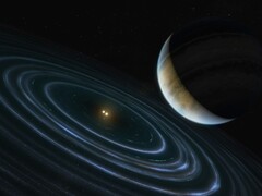 Un'illustrazione d'artista raffigurante un pianeta blu e due stelle.