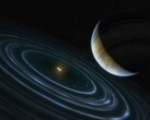 Un'illustrazione d'artista raffigurante un pianeta blu e due stelle.