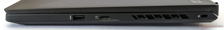 Lato destro: Una porta USB-A 3.2 Gen 1, lettore di schede microSD, slot di sicurezza Kensington