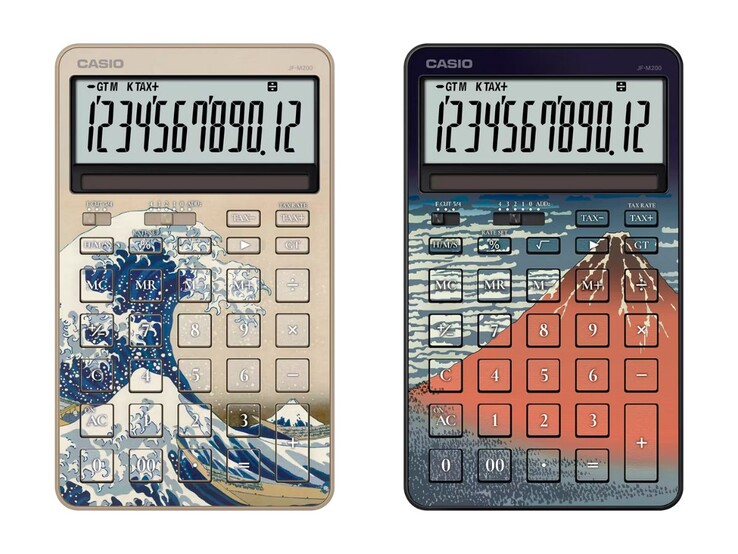 Le calcolatrici Casio JF-M200-TJ-KHK (sinistra) e JF-M200-TJ-KHG (destra) ispirate a Hokusai. (Fonte: Casio)