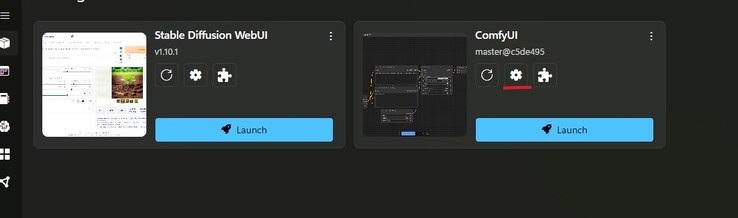 Una schermata dell'hub dei pacchetti di Stability Matrix con le impostazioni evidenziate in rosso sul riquadro ComfyUI. (Fonte immagine: Cattura schermo di Windows)