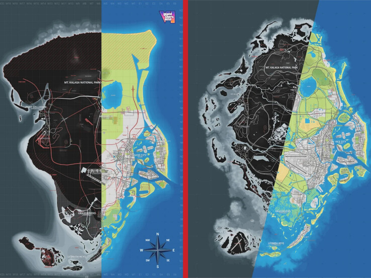 Confronto tra la versione 15 (a sinistra) e la versione 16 (a destra) della mappa della community di Grand Theft Auto VI.
