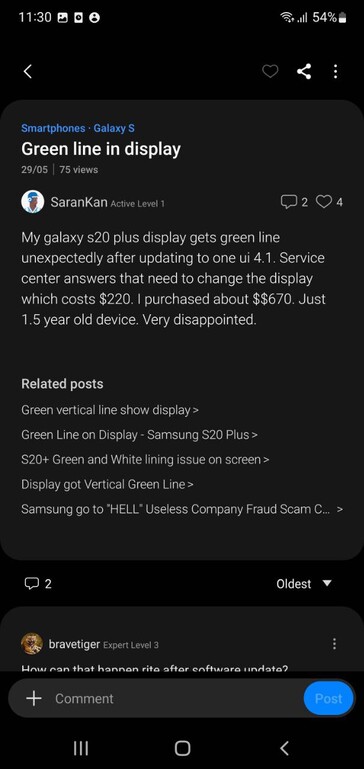 Utenti che si lamentano dei problemi di visualizzazione di Galaxy S20 Plus su Samsung Members (immagine via own)