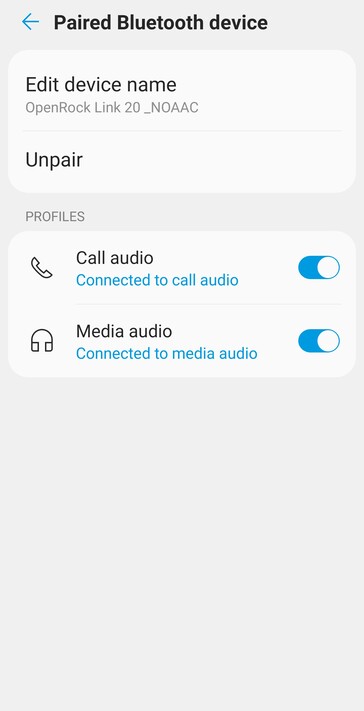 L'aggiunta di '_NOAAC' al nome OpenRock Link 20 nelle impostazioni Bluetooth di Android costringe gli auricolari a utilizzare il codec audio SBC anziché AAC. (Fonte immagine: Notebookcheck)