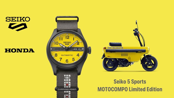 Infografica che mostra il Seiko 5 Sports Field x Honda Motocompo accanto allo scooter Motocompo.