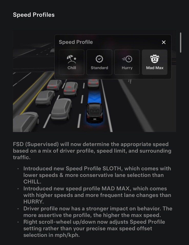 Changelog dell'ultimo aggiornamento FSD 14.1.2 con profilo di guida Mad Max. (Fonte immagine: Tesla)