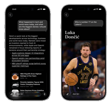 La vista conversazione dovrebbe essere accessibile strisciando verso il basso da un risultato di Siri o all'interno dell'app Siri e include schede informative per risultati come notizie e dati sul dispositivo (a sinistra).