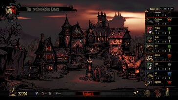 Un'immagine che mostra una città in Darkest Dungeon.