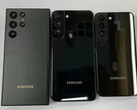 Il Galaxy S22 Note, Galaxy S22 Plus e Galaxy S22 da sinistra a destra. (Fonte immagine: @heyitsyogesh)