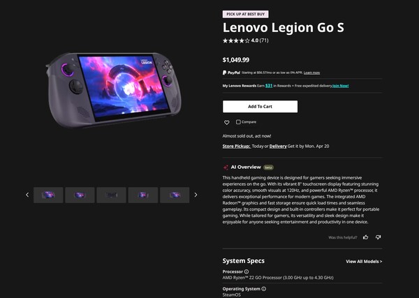 Il prezzo di Legion Go S con SteamOS è stato aumentato di 450 dollari.