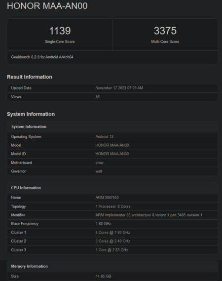 Punteggio Geekbench di Snapdragon 7 Gen 3 (immagine via Geekbench)