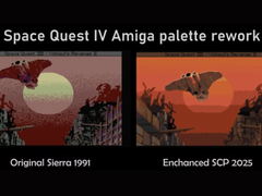 Una schermata di confronto tra le offerte originali di Space Quest su Sierra e le sue porte migliorate di SCP 2025 grazie a una rielaborazione della tavolozza (fonte: annouk33)