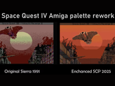 Una schermata di confronto tra le offerte originali di Space Quest su Sierra e le sue porte migliorate di SCP 2025 grazie a una rielaborazione della tavolozza (fonte: annouk33)