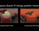 Una schermata di confronto tra le offerte originali di Space Quest su Sierra e le sue porte migliorate di SCP 2025 grazie a una rielaborazione della tavolozza (fonte: annouk33)