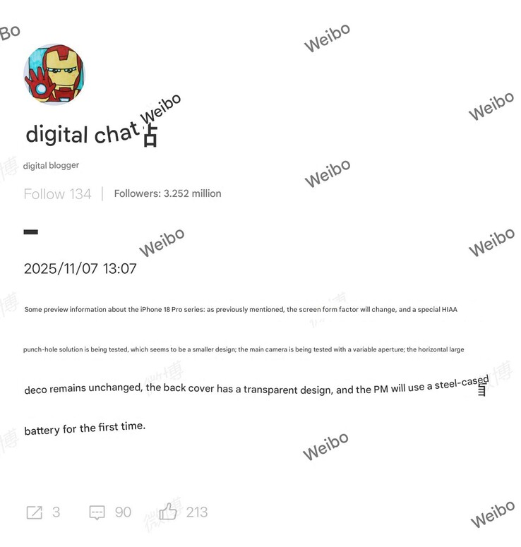 Rumor sull'hardware dell'iPhone 18 Pro. (Fonte: Digital Chat Station)