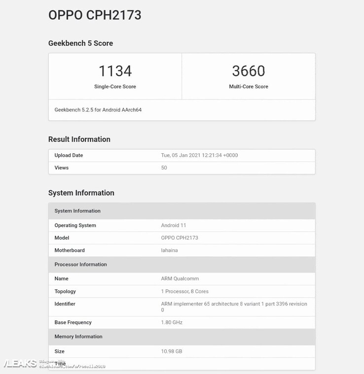L'OPPO CPH2173 sembra anche usare Android 11 e 12GB di RAM. (Fonte: Geekbench via SlashLeaks)
