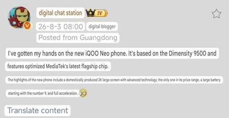 Il post di Digital Chat Station che descrive in dettaglio le specifiche del prossimo iQOO Neo 11 Extreme Edition