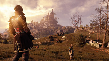 Un'immagine che mostra un paesaggio e due personaggi in GreedFall.