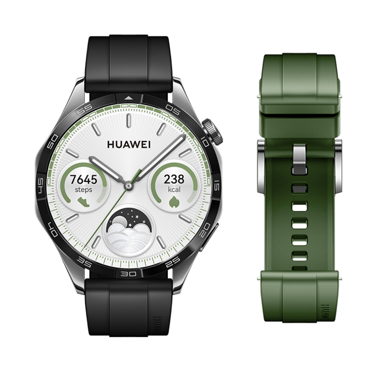 Huawei Watch GT 4 Spring Edition cinturino in fluoroelastomero nero 46 mm + cinturino in fluoroelastomero verde abete rosso 2-in-1. (Fonte: Huawei)