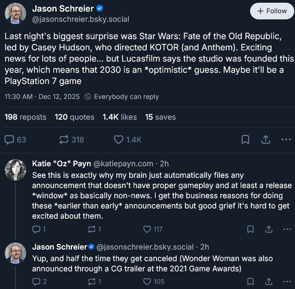 Jason Schreier prevede la data di uscita di Star Wars: Fate of the Old Republic (fonte: screenshot, account Bluesky di Jason Schreier)