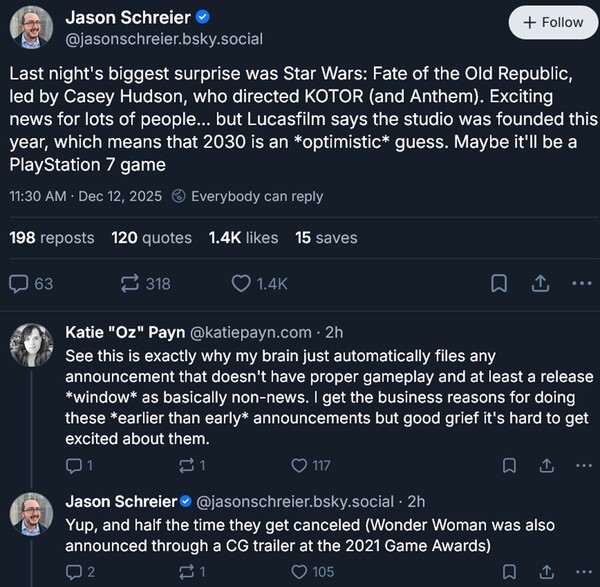 Jason Schreier prevede la data di uscita di Star Wars: Fate of the Old Republic (fonte: screenshot, account Bluesky di Jason Schreier)