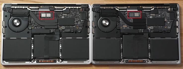 M1 MBP con due chip NAND (L) e M2 MBP con uno (R) - modelli da 256 GB. (Fonte: Max Tech - modifica)