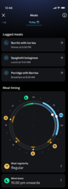 Una schermata della funzione Pasti dell'app Oura. (Fonte: Oura)