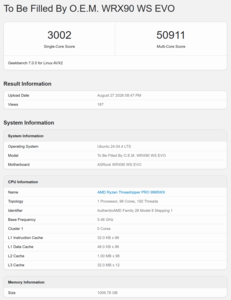 Punteggio Geekbench 7 del Threadripper Pro 9995WX