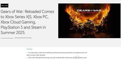Annuncio di Gears of War: Reloaded su Xbox Wire (Fonte: Xbox Wire)