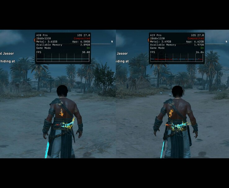 Assassin’s Creed Mirage in esecuzione su iPhone 18 Pro Max e iPhone 17 Pro Max, che mostra la differenza di FPS.