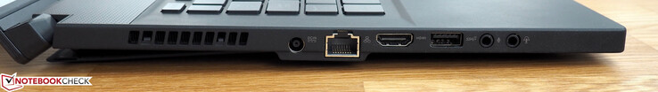 Lato sinistro: griglia di ventilazione, connettore di alimentazione, RJ45 LAN, HDMI 2.0, USB 3.1 Gen2 Type-A, jack per microfono, jack per cuffie.