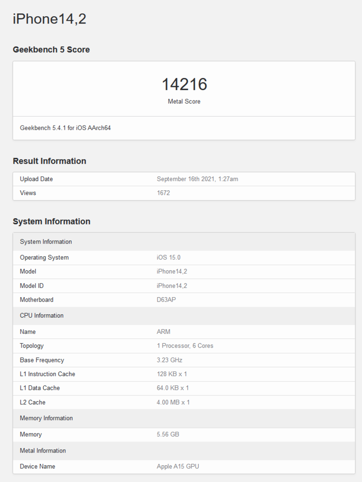 A15 Bionic sul benchmark Metal di Geekbench (immagine via Geekbench)