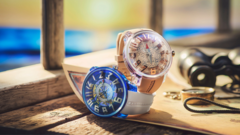 Due orologi Tendence One Piece in edizione limitata, Log Pose e East Blue, esposti sopra una carta nautica con il marchio della collaborazione Batch N°2.