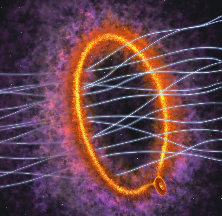 Un'illustrazione che mostra l'anello di gas e la giovane stella MC 27.